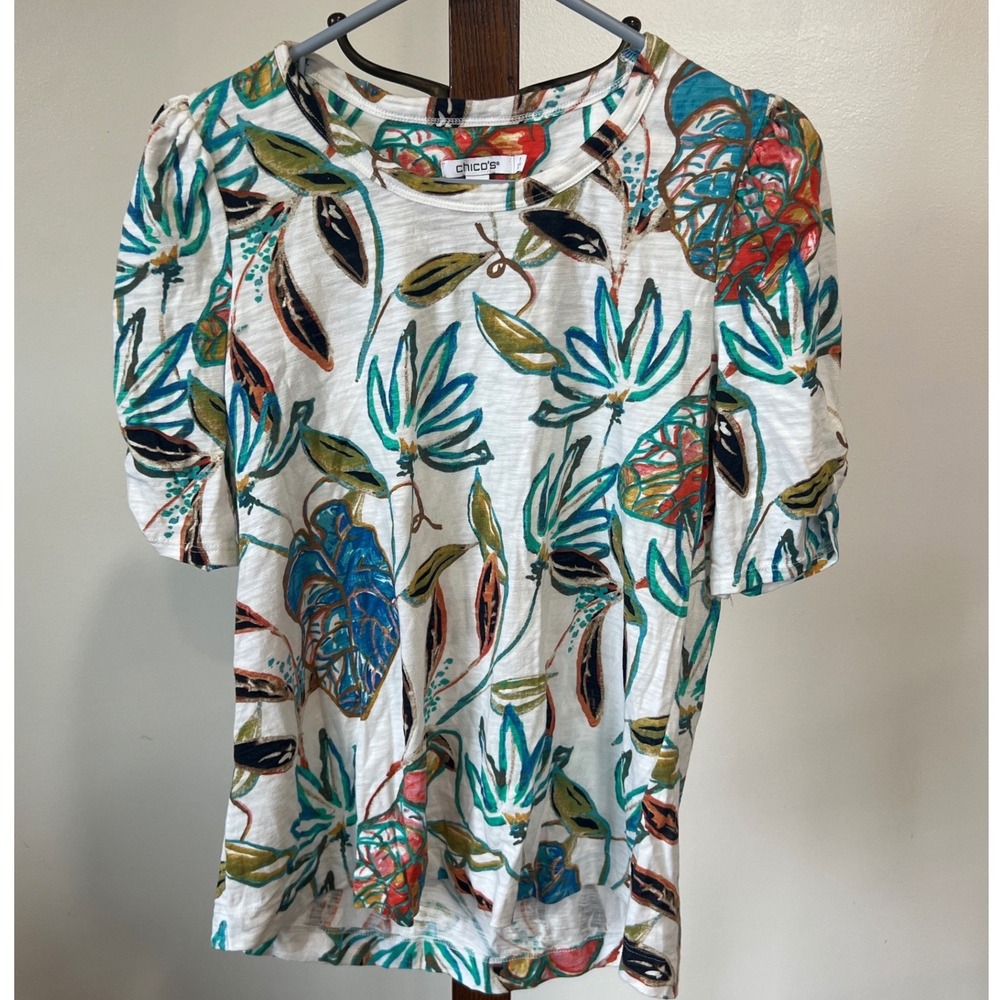 Chicos Tropical Botanical Puff Sleeve Knit‎ Top White Multicolor Size 1 Medium